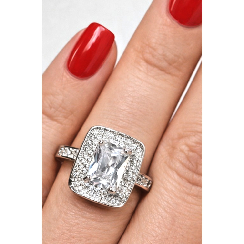 Vintage Clear Ring Emerald Cut‎ Glass Rhinestone Sterling Silver S925 Size 7.5
